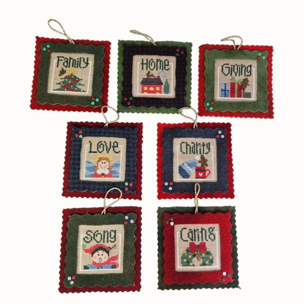 Christmas Cross Stitch Set of 7 Ornaments COMPLETED Lizzie Kate Blessings Charms